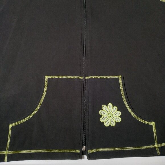 The Quacker Factory Vest Plus Size 1X Black Neon Green Stitching Daisy Bling Zip - Picture 7 of 11